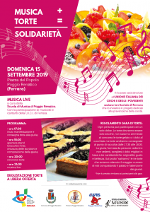 Locandina dell'evento "Musica più torte uguale solidarietà"